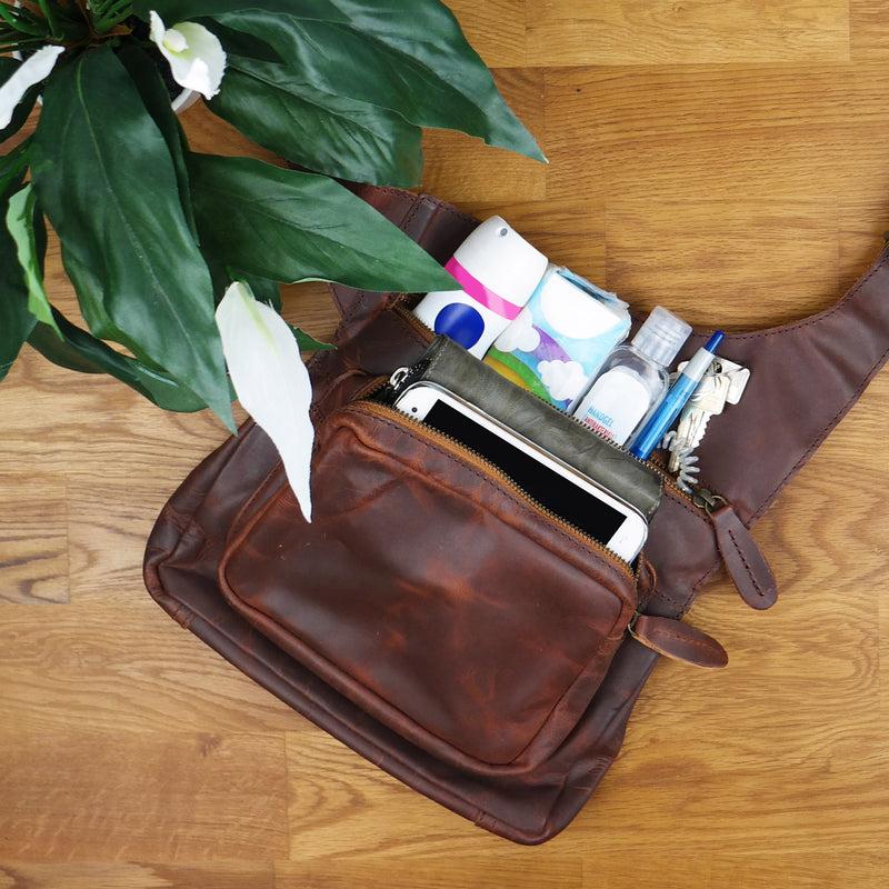 Leconi Umhängetasche Schultertasche Crossbag Damen Herren Leder Braun LE3015