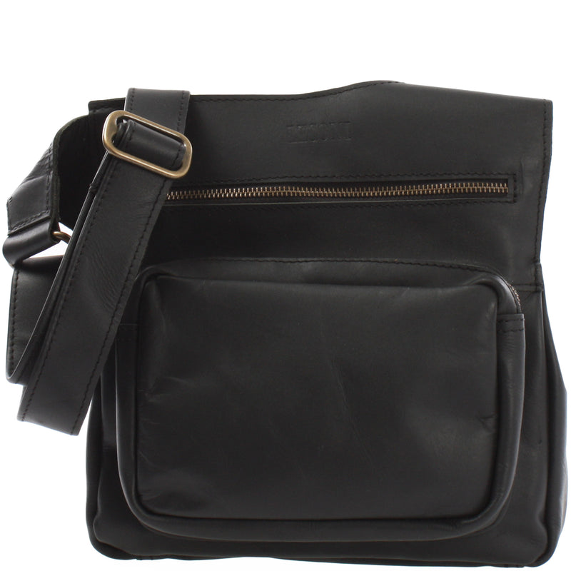 Leconi Umhängetasche Schultertasche Crossbag Damen Herren Leder Schwarz LE3015