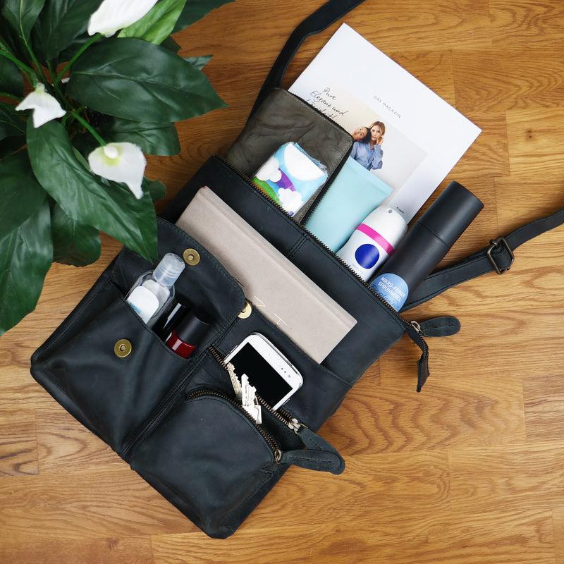 Leconi Umhängetasche Schultertasche Damen Herren Used Look Leder Grau LE3011