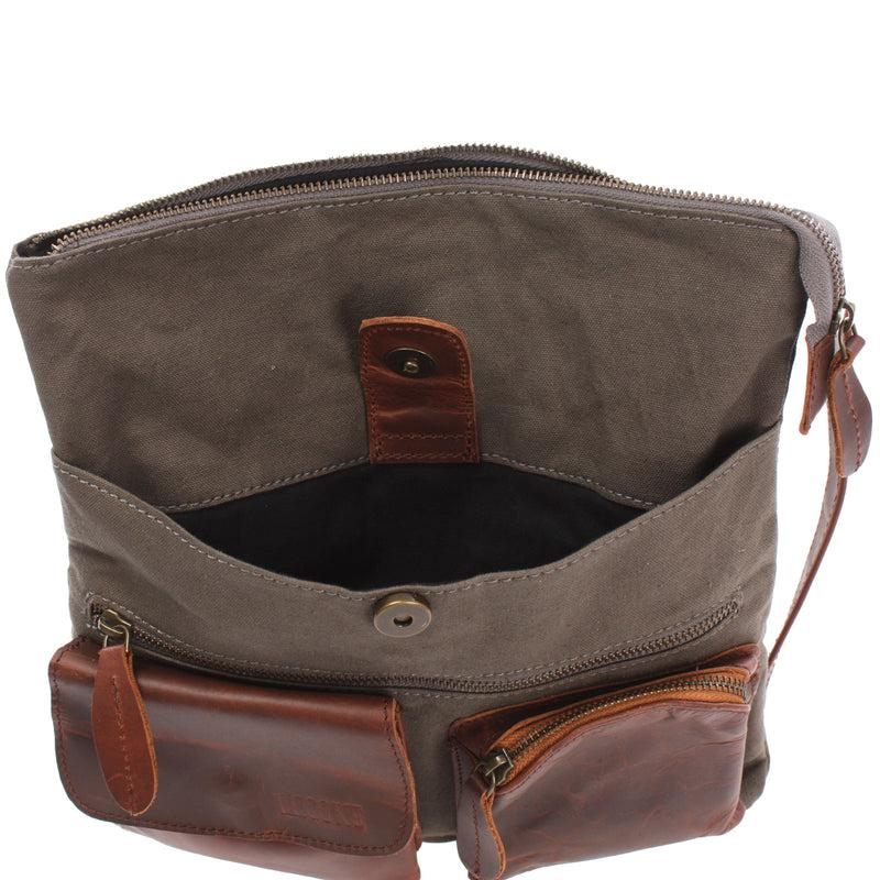 Leconi Umhängetasche Schultertasche Damen Herren Used Look Leder Canvas Grau LE3011