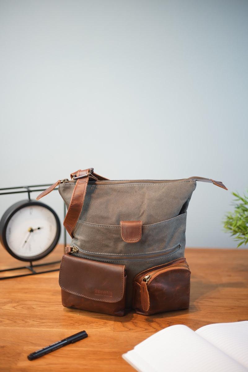 Leconi Umhängetasche Schultertasche Damen Herren Used Look Leder Canvas Grau LE3011