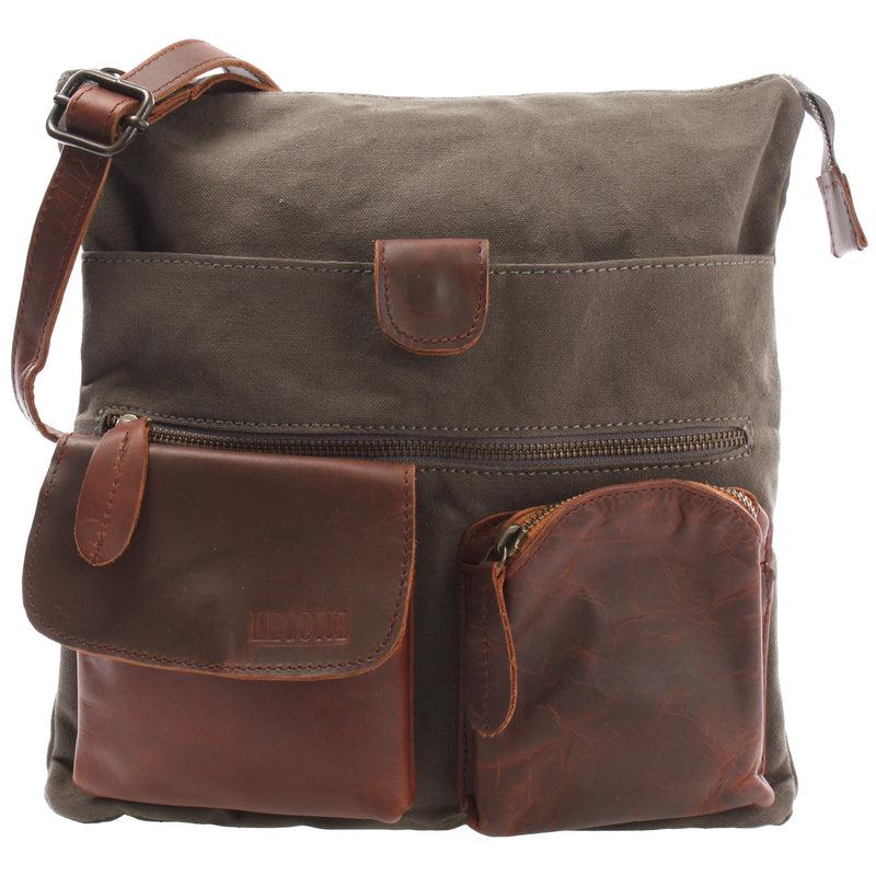 Leconi Umhängetasche Schultertasche Damen Herren Used Look Leder Canvas grau LE3011