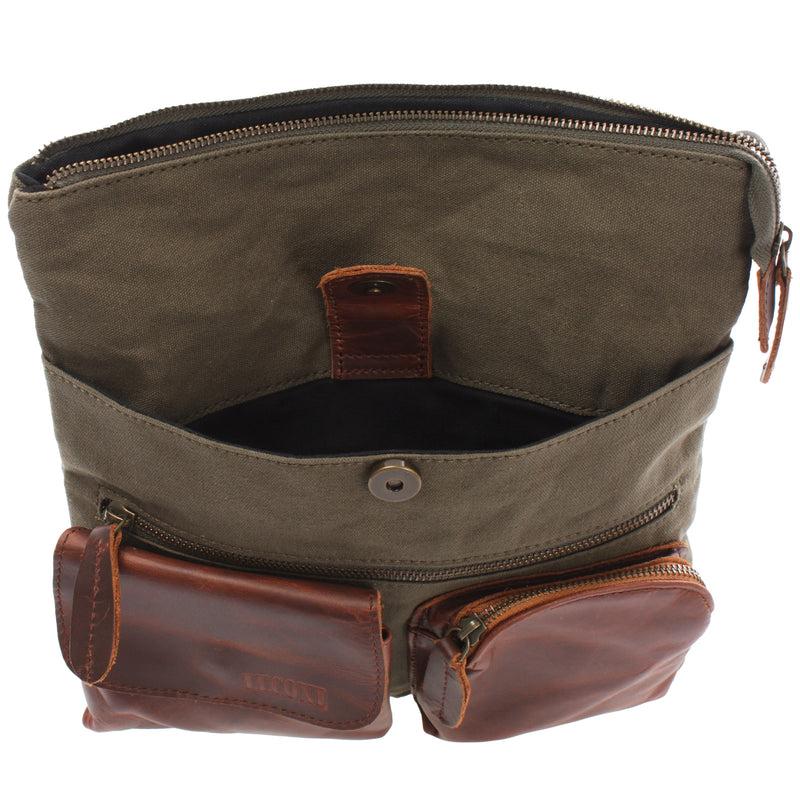 Leconi Umhängetasche Schultertasche Damen Herren Used Look Leder Canvas Grün LE3011