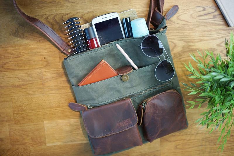 Leconi Umhängetasche Schultertasche Damen Herren Used Look Leder Canvas Grün LE3011