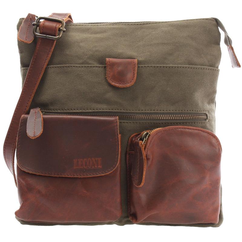 Leconi Umhängetasche Schultertasche Damen Herren Used Look Leder Canvas grün LE3011