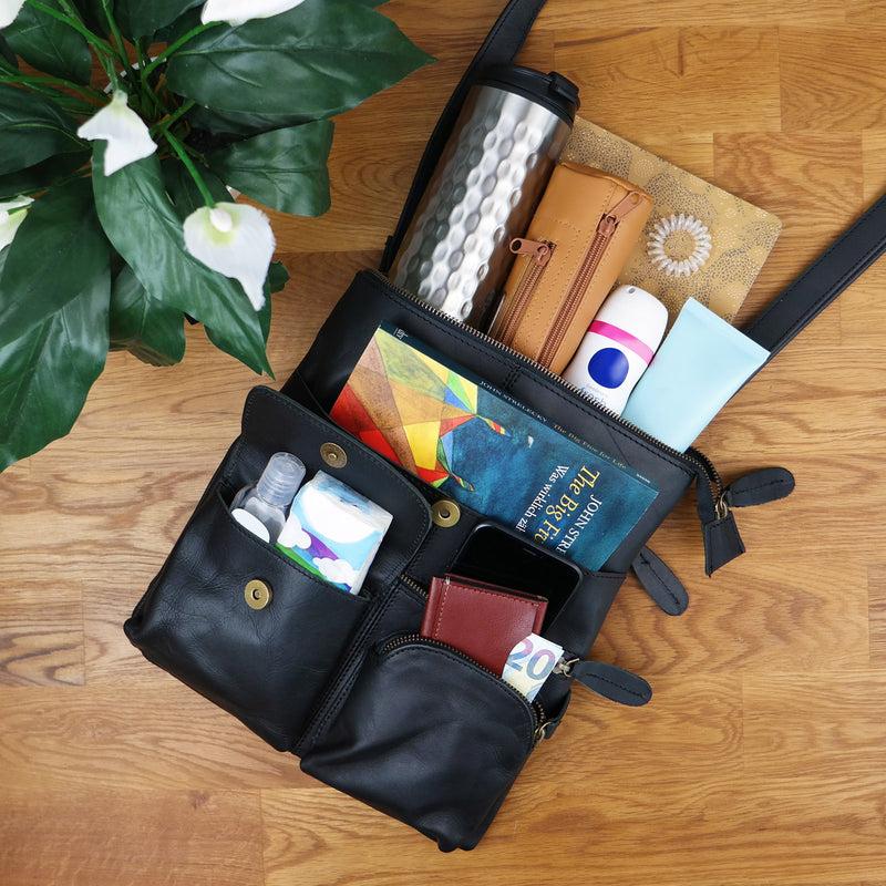 Leconi Umhängetasche Schultertasche Damen Herren Used Look Leder Schwarz LE3011