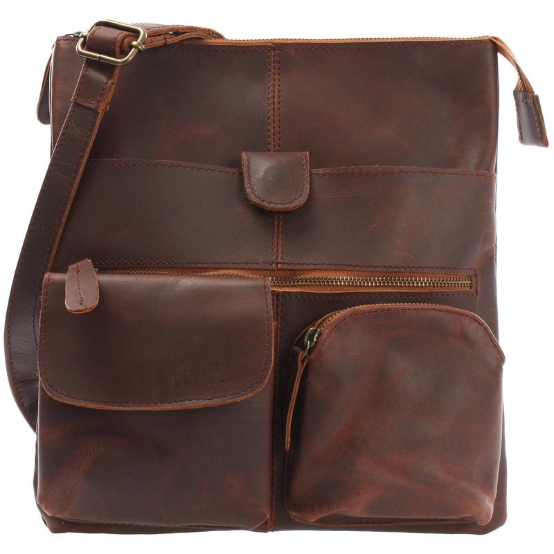 Leconi Umhängetasche Schultertasche Damen Herren Used Look Leder braun LE3011