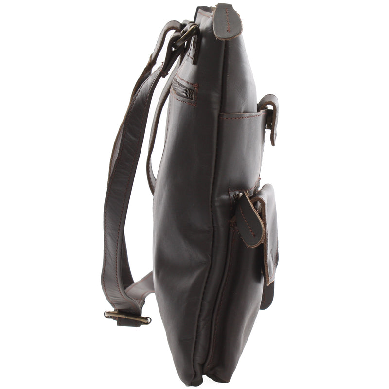 Leconi Umhängetasche Schultertasche Damen Herren Used Look Leder Dunkelbraun LE3011