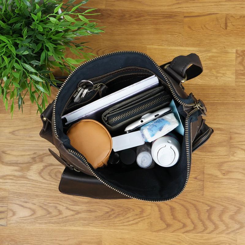 Leconi Umhängetasche Schultertasche Damen Herren Used Look Leder Dunkelbraun LE3011