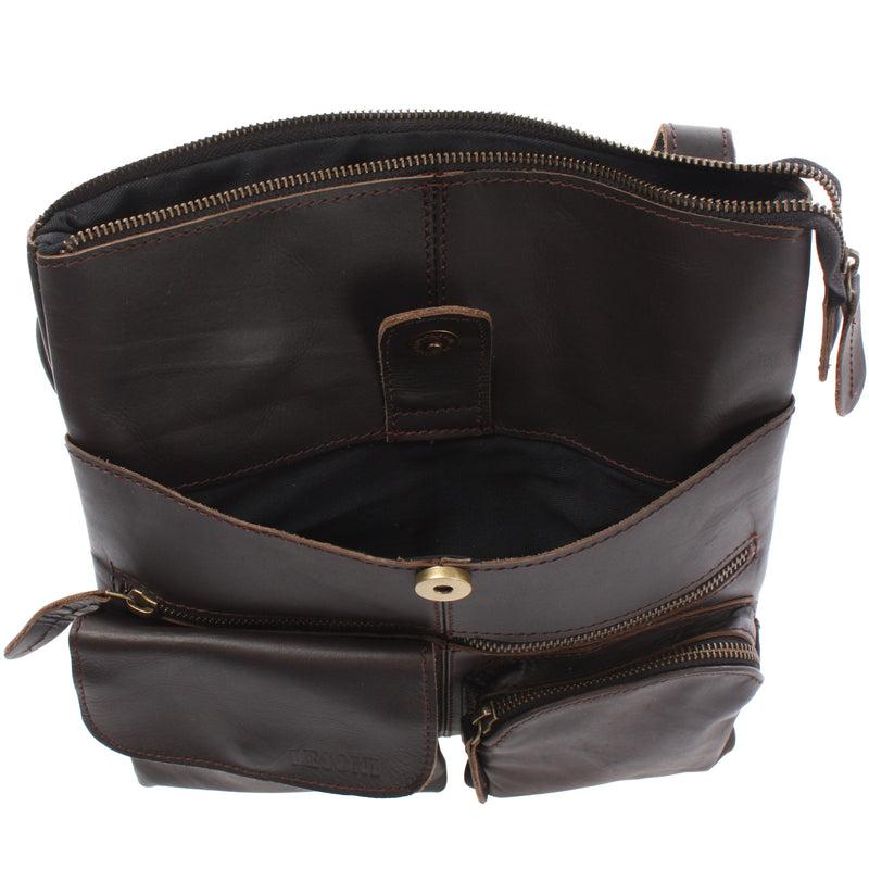 Leconi Umhängetasche Schultertasche Damen Herren Used Look Leder Dunkelbraun LE3011