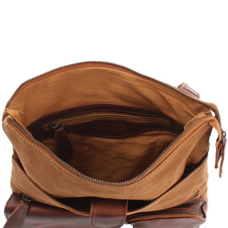 Leconi Umhängetasche Schultertasche Damen Herren Used Look Leder Canvas Cognac LE3011