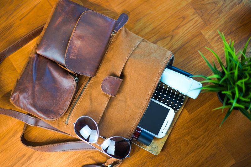 Leconi Umhängetasche Schultertasche Damen Herren Used Look Leder Canvas Cognac LE3011