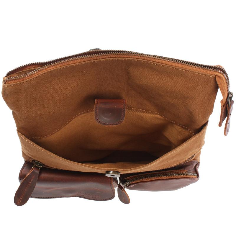 Leconi Umhängetasche Schultertasche Damen Herren Used Look Leder Canvas Cognac LE3011