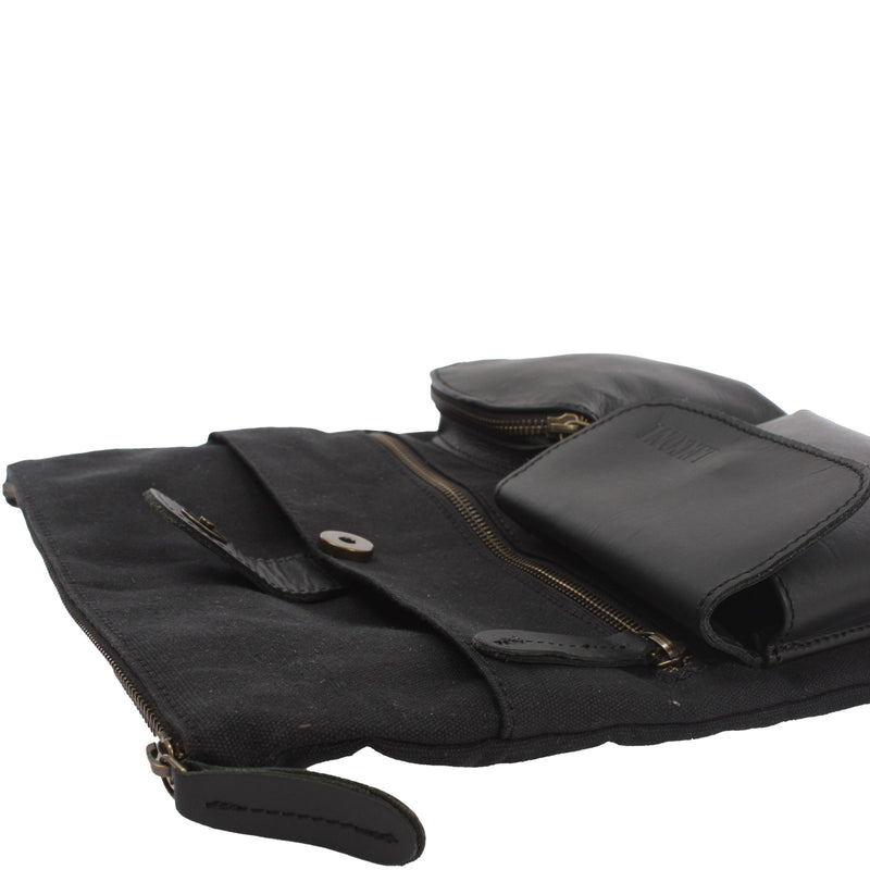 Leconi Umhängetasche Schultertasche Damen Herren Used Look Leder Canvas Schwarz LE3011