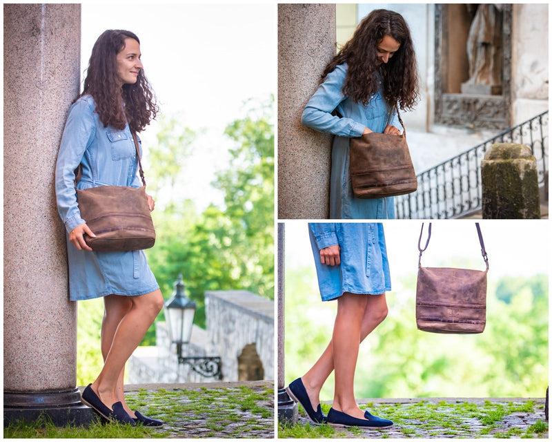 Leconi Umhängetasche Schultertasche Damentasche Ledertasche Leder Vintage-braun LE3076