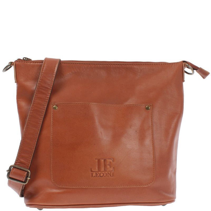 Leconi Umhängetasche Schultertasche Damentasche Ledertasche Leder cognac LE3067