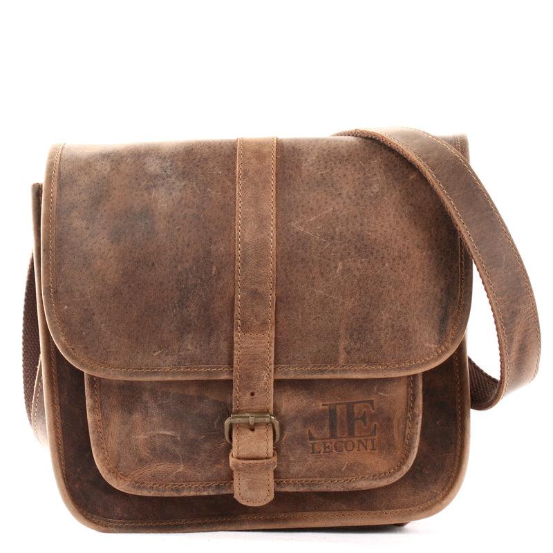 Leconi Umhängetasche Schultertasche Freizeittasche Büffelleder vintage braun LE3062