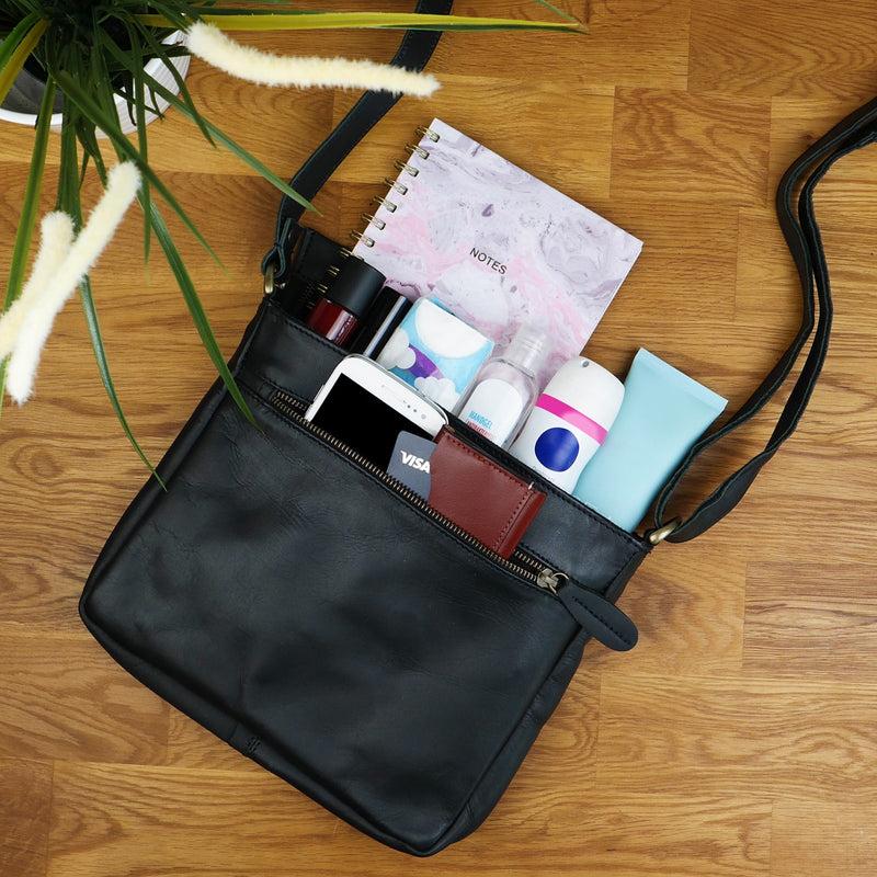 Leconi Umhängetasche Schultertasche Freizeittasche Damentasche Leder Schwarz LE3058