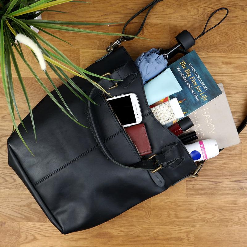 Leconi Umhängetasche Schultertasche Henkeltasche Damentasche Leder Schwarz LE0054