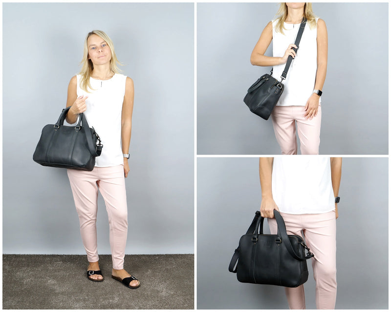 Leconi Umhängetasche Schultertasche Henkeltasche Damentasche Aktentasche Buisnesstasche Leder Schwarz LE3065