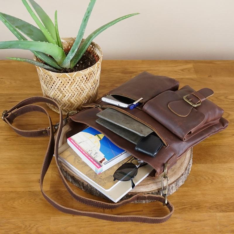 Leconi Umhängetasche Schultertasche Ledertasche Leder Braun LE3084