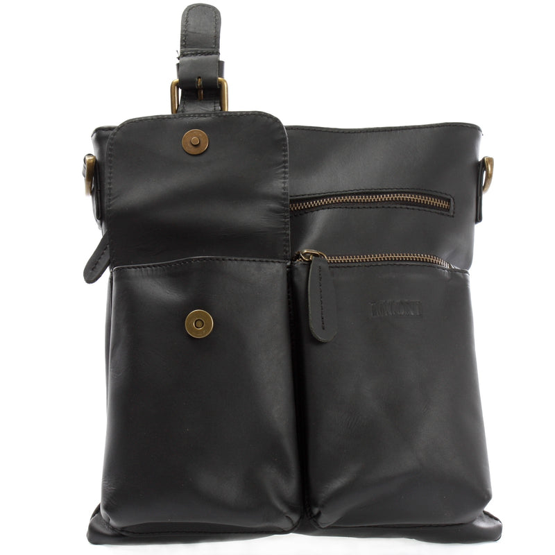 Leconi Umhängetasche Schultertasche Ledertasche Leder Schwarz LE3084