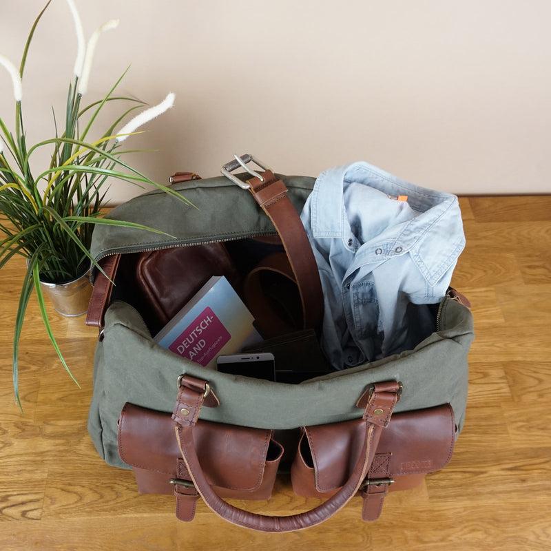 Leconi Weekender Handgepäck Reisetasche Canvas Leder Grün LE2012