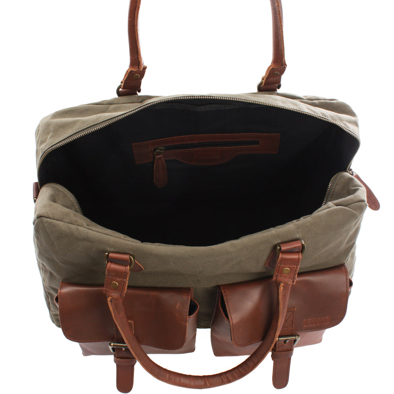 Leconi Weekender Handgepäck Reisetasche Canvas Leder Grün LE2012