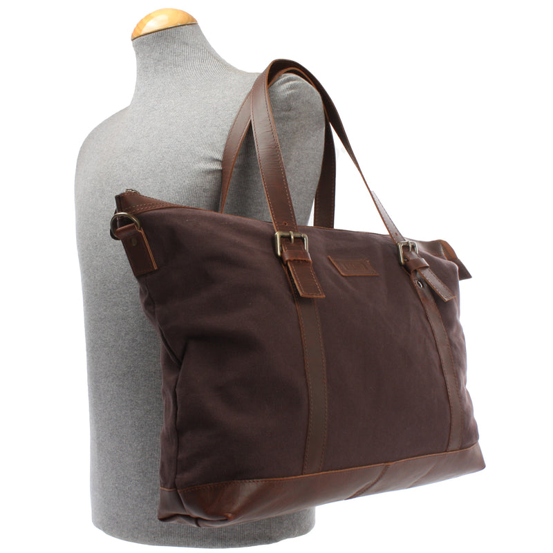 Leconi Weekender Reisetasche Shopper Damen Herren Leder Canvas Mokka LE2013