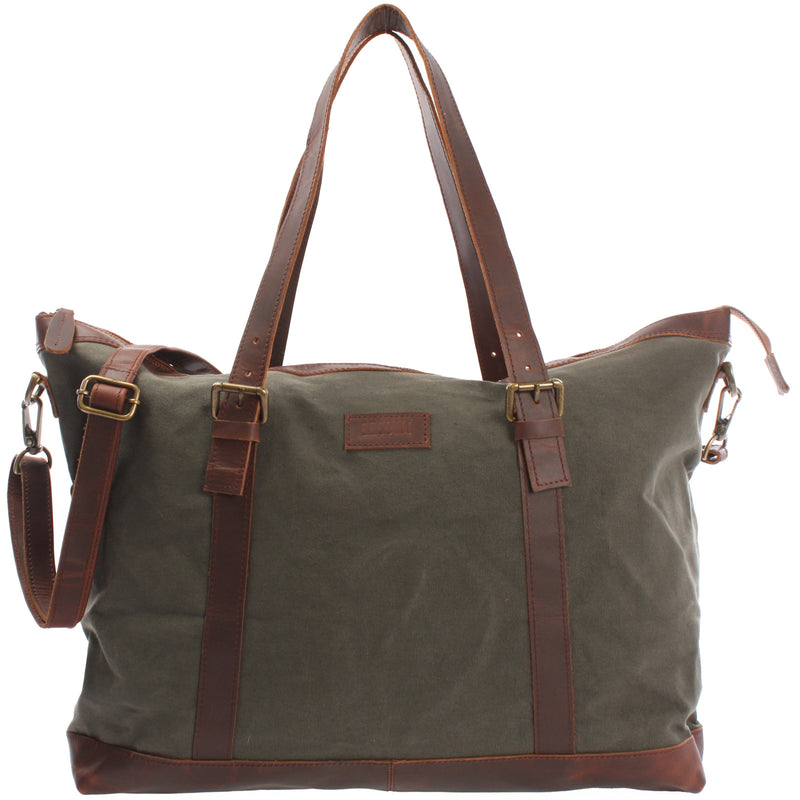 Leconi Weekender Reisetasche Shopper Damen Herren Leder Canvas grün LE2013