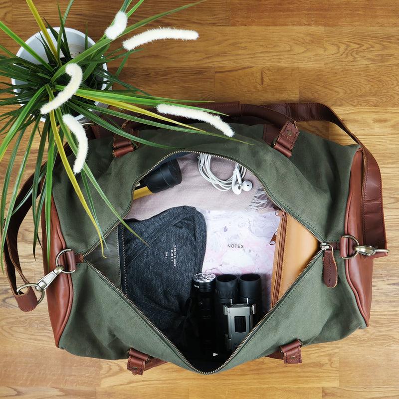 Leconi Weekender Reisetasche Sporttasche Vintage Leder Canvas Grün LE2004