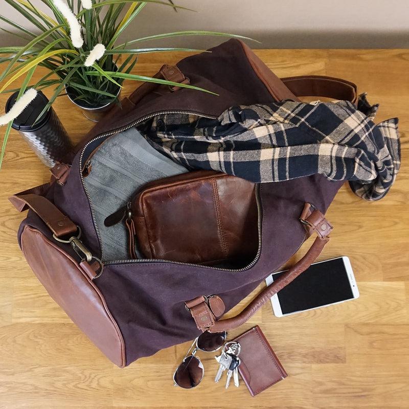 Leconi Weekender Reisetasche Sporttasche Vintage Leder Canvas Mokka LE2004