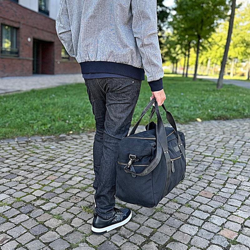 Leconi Weekender Sporttasche Reisetasche Damen Herren Leder Canvas Schwarz LE2014