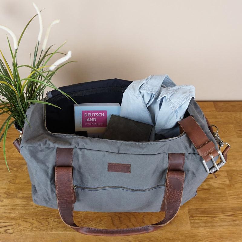 Leconi Weekender Sporttasche Reisetasche Damen Herren Leder Canvas Grau LE2014