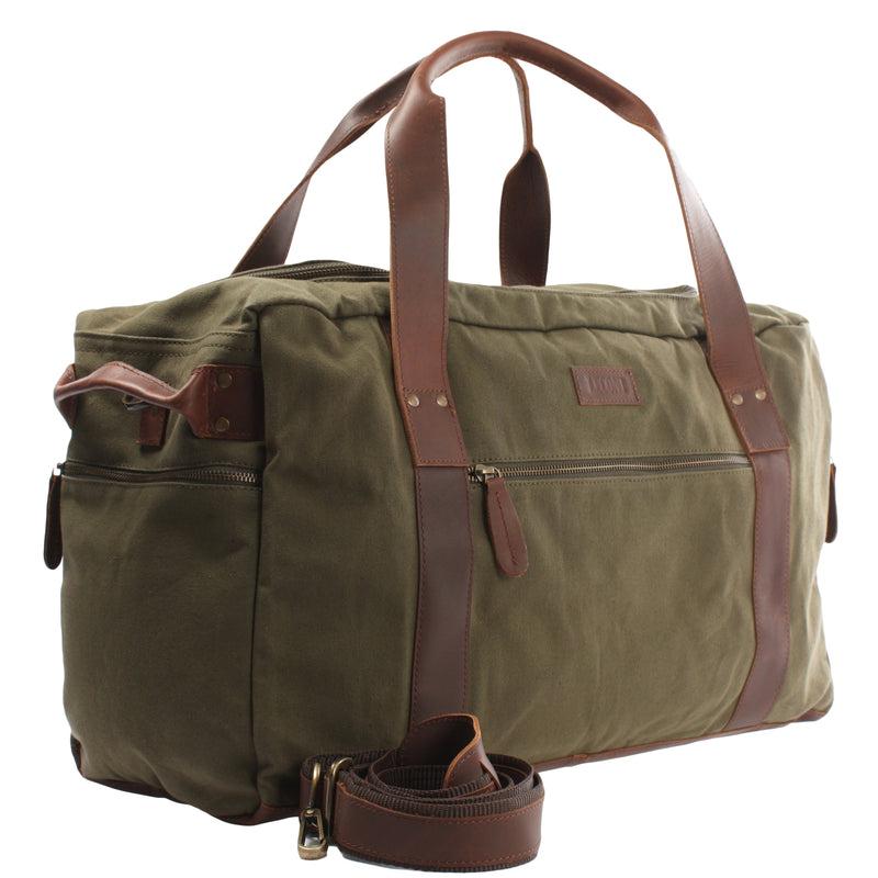 Leconi Weekender Sporttasche Reisetasche Damen Herren Leder Canvas Grün LE2014