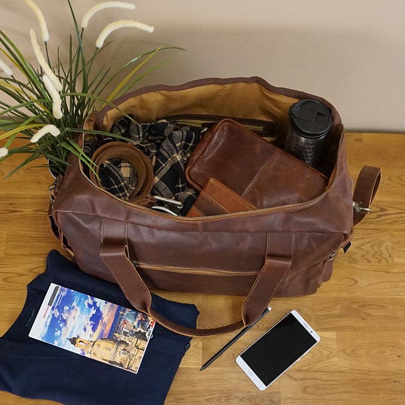 Leconi Weekender Sporttasche Reisetasche Ledertasche Damen Herren Leder Braun LE2014