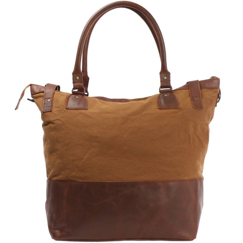 Leconi XXL Shopper Schultertasche Beuteltasche Leder Canvas Cognac LE2005