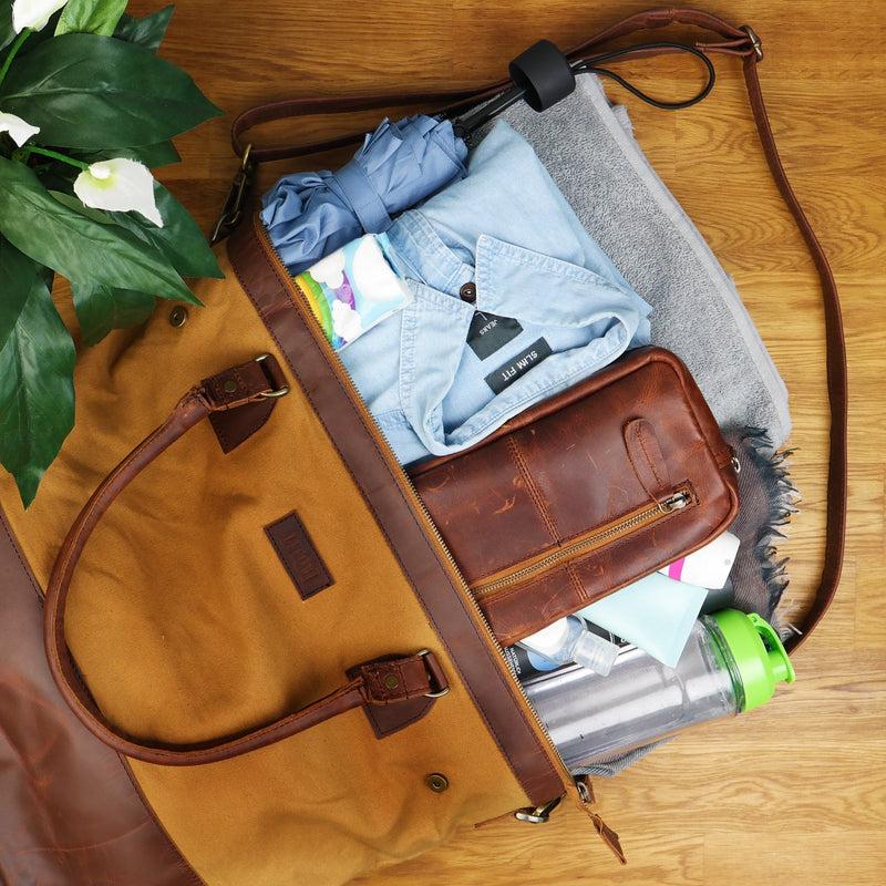 Leconi XXL Shopper Schultertasche Beuteltasche Leder Canvas Cognac LE2005