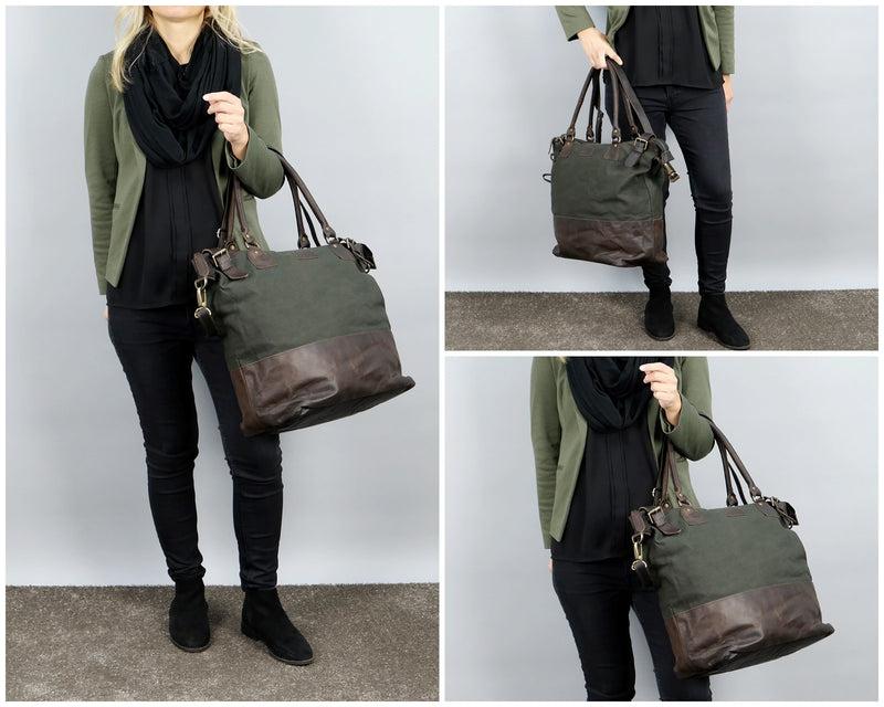 Leconi XXL Shopper Schultertasche Beuteltasche Leder Canvas Grün LE2005