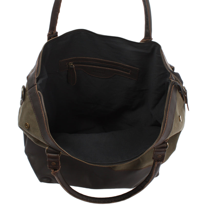 Leconi XXL Shopper Schultertasche Beuteltasche Leder Canvas Grün LE2005