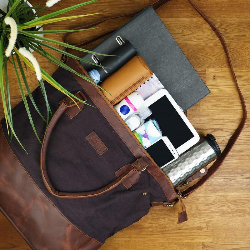 Leconi XXL Shopper Schultertasche Beuteltasche Leder Canvas Mokka LE2005