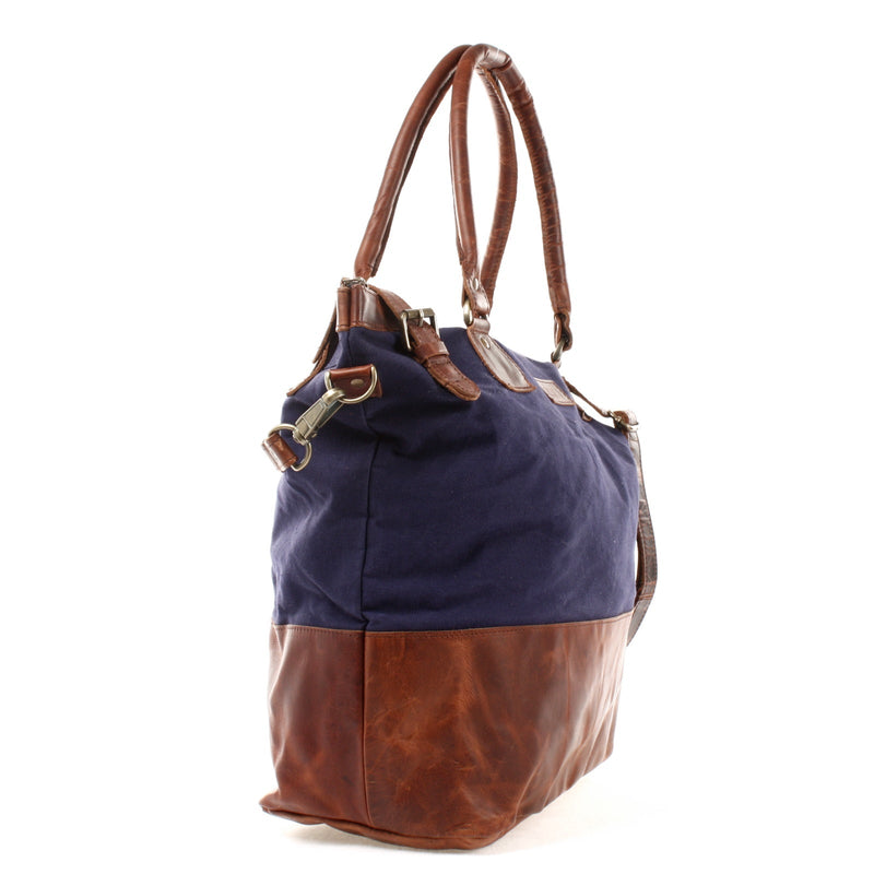 Leconi XXL Shopper Schultertasche Beuteltasche Leder Canvas Navy LE2005