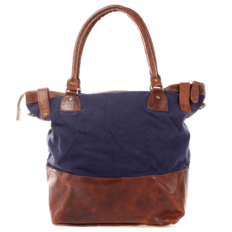 Leconi XXL Shopper Schultertasche Beuteltasche Leder Canvas Navy LE2005