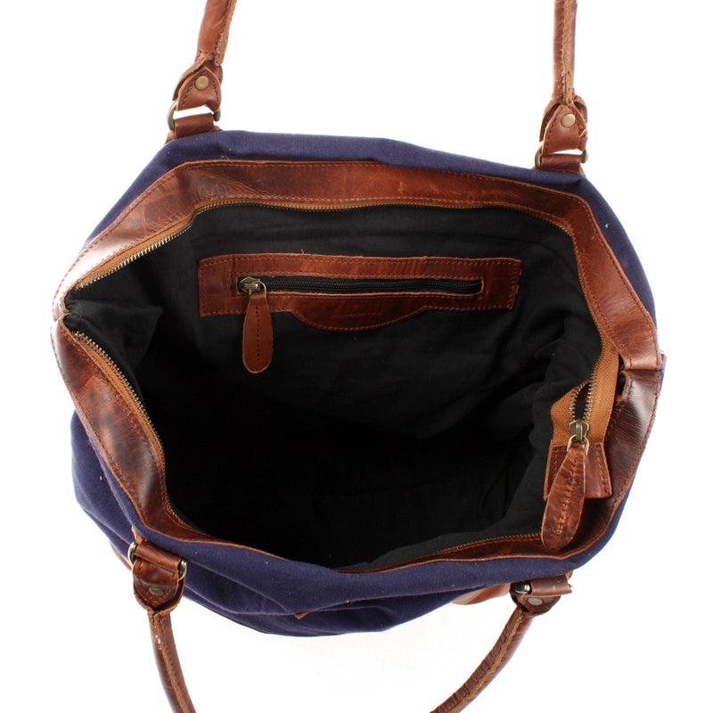 Leconi XXL Shopper Schultertasche Beuteltasche Leder Canvas Navy LE2005