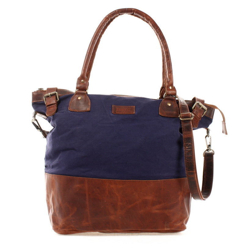 Leconi XXL Shopper Schultertasche Beuteltasche Leder Canvas navy LE2005