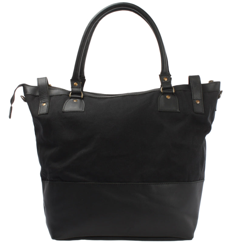 Leconi XXL Shopper Schultertasche Beuteltasche Leder Canvas Schwarz LE2005