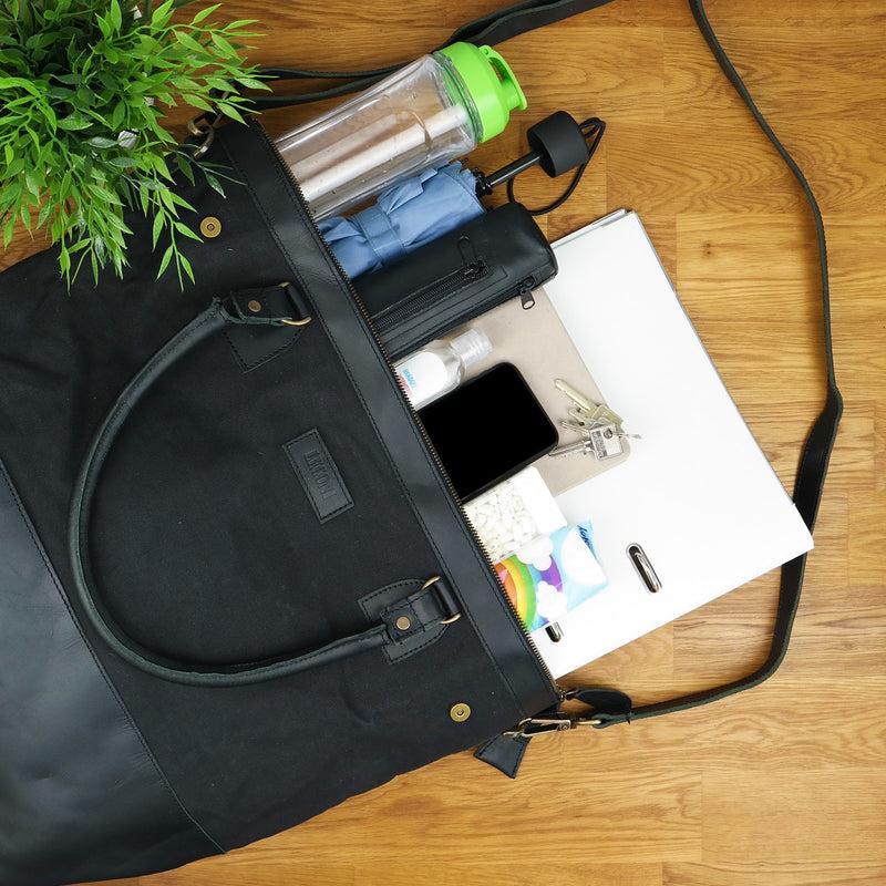 Leconi XXL Shopper Schultertasche Beuteltasche Leder Canvas Schwarz LE2005