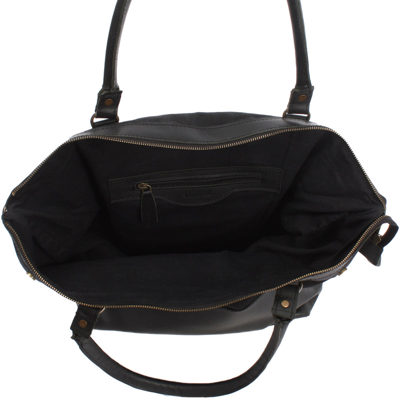 Leconi XXL Shopper Schultertasche Beuteltasche Leder Canvas Schwarz LE2005