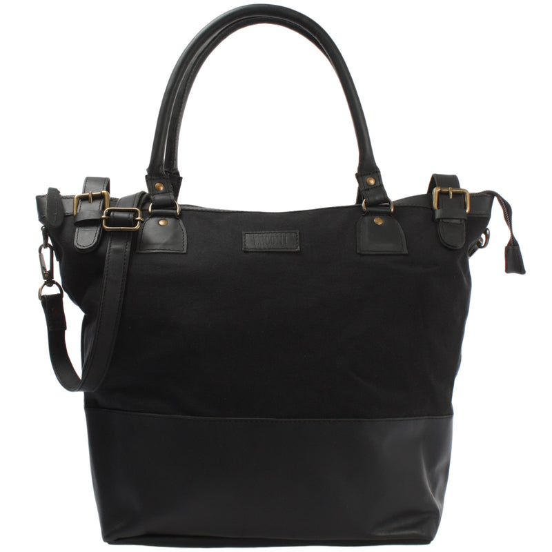 Leconi XXL Shopper Schultertasche Beuteltasche Leder Canvas schwarz LE2005