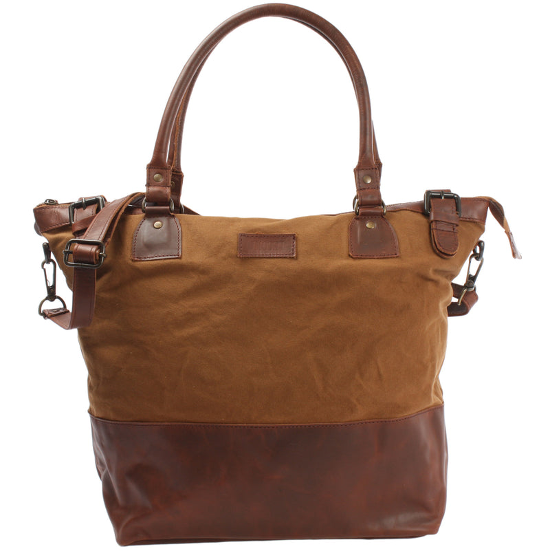 Leconi XXL Shopper Schultertasche Beuteltasche Leder Canvas cognac LE2005